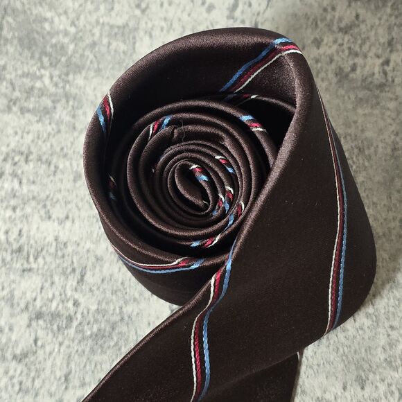 CHRISTIAN DIOR Vintage Brown Diagonal Stripe Print Silk Poly Blend Tie Y2K - Picture 3 of 8